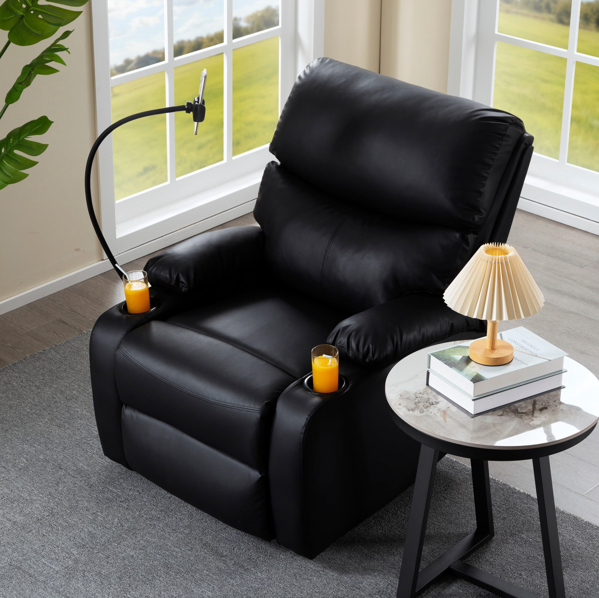 Gewnee Black PU Manual Recliner - Solid Wood & Metal Frame, Foam Cushion with Phone/Cup Holders for Home Office