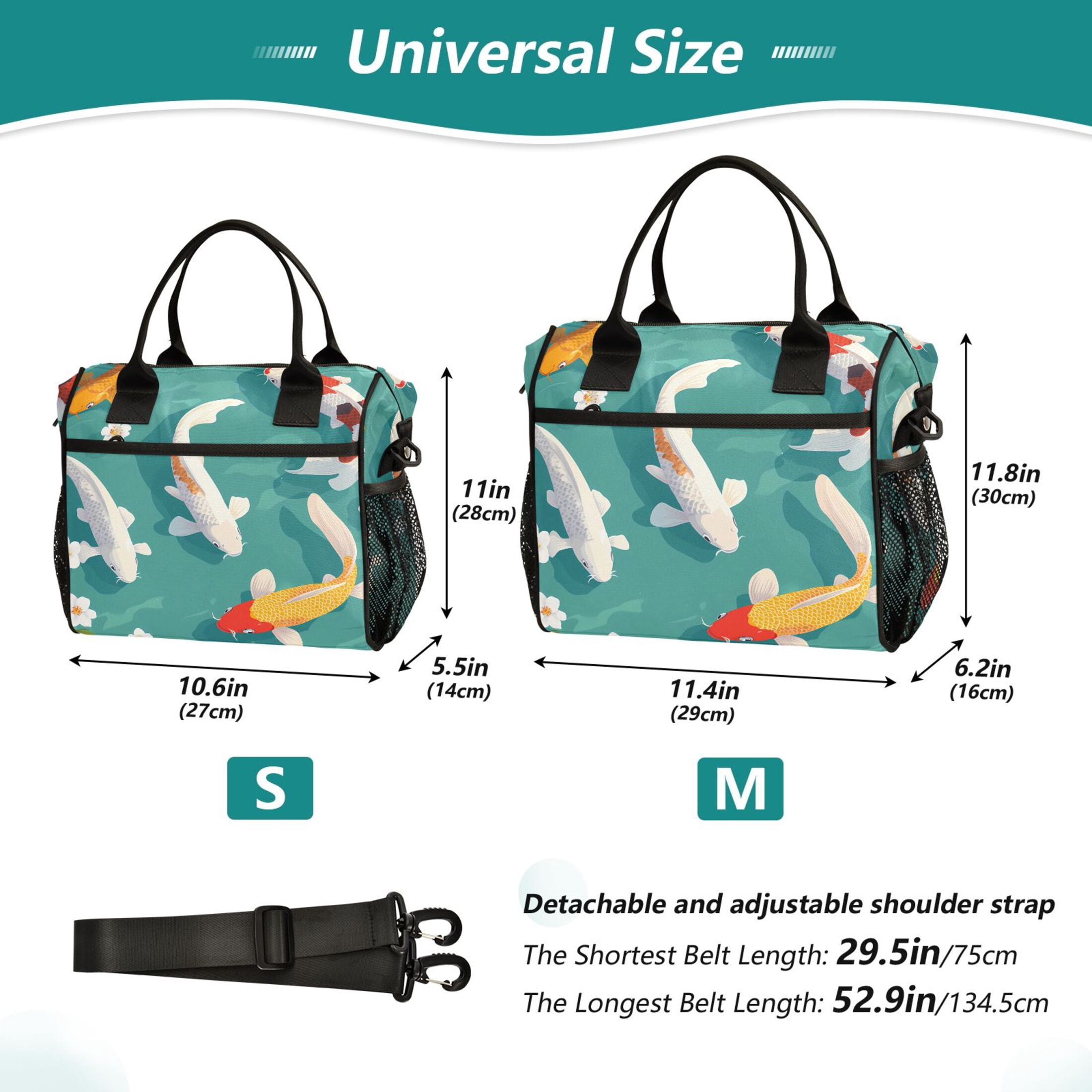 Lunch Bag Insulated Lunch Box Leakproof Reusable Cooler Tote Adjustable Shoulder Strap for Men Women Cartoon Fish and White Flower 9L