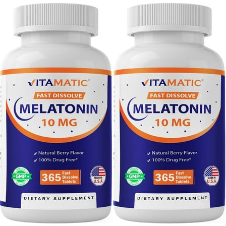 Vitamatic Melatonin 10mg Tablets | Vegetarian, Non-GMO, Gluten Free | 1 Year Supply | Natural Berry Flavor - 365 Tablets- 2 Pack