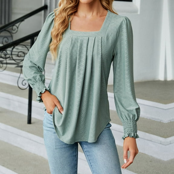 qolati Women's Dressy Casual Ruffle Long Sleeve Tops Trendy Solid Color Square Neck Pleated Front Tunic Shirts Elegant Loose Fit Flowy Boho Blouse