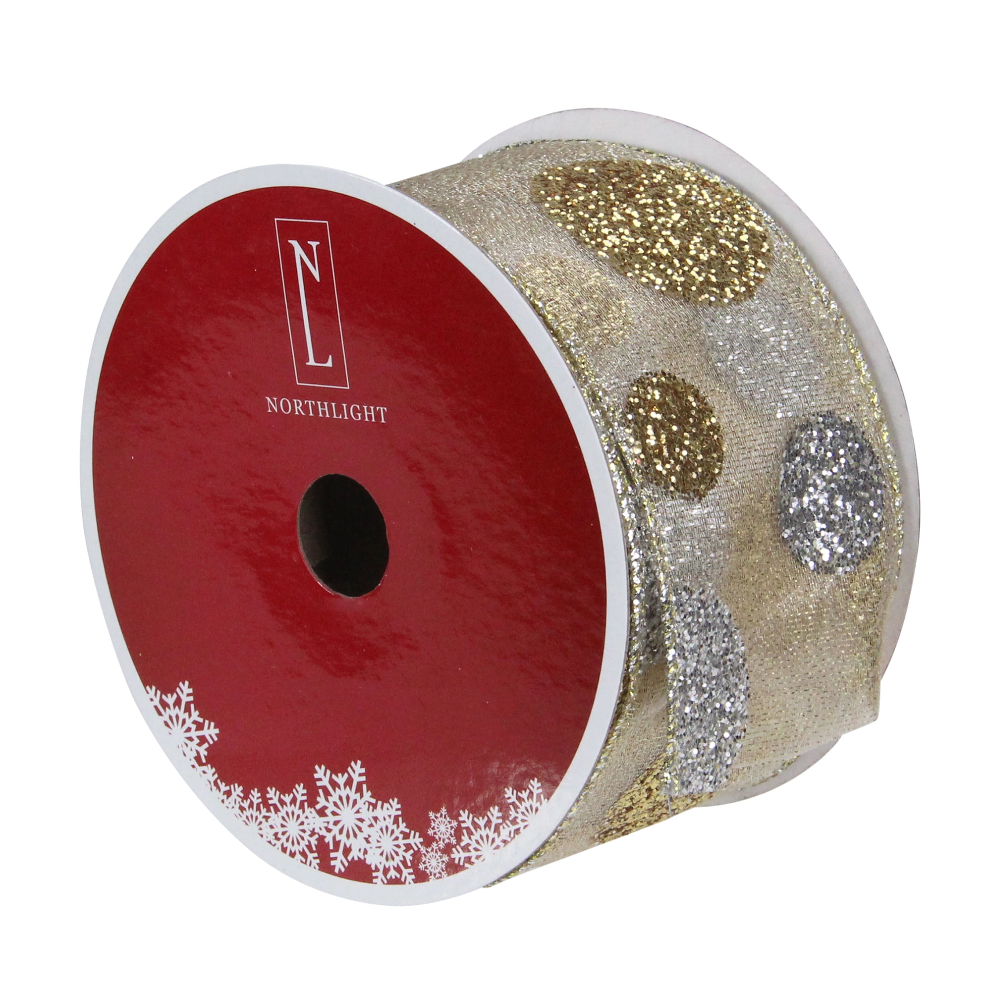 Northlight Glitter Gold and Silver Polka Dotted Christmas Wired Ribbon 2.5" x 16 Yards