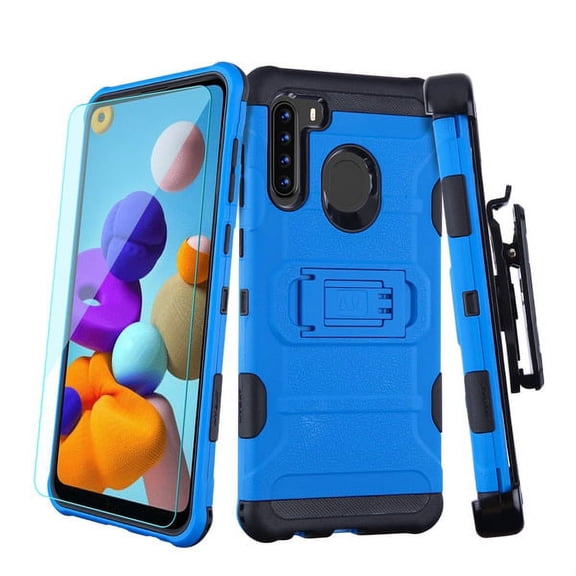 Samsung Galaxy A21 Phone Case Combo 3 in 1 Hybrid Impact Armor Rugged TPU Rubber Silicone Shockproof Protective Cover with Holster Belt Clip & Tempered Glass BLUE Cover for Samsung Galaxy A21