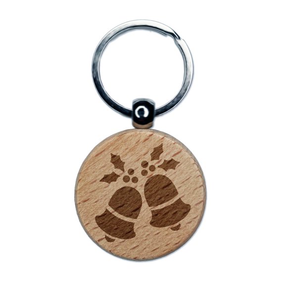 Christmas Bells with Holly Round Keychain Charm Tag - Engraved Wood