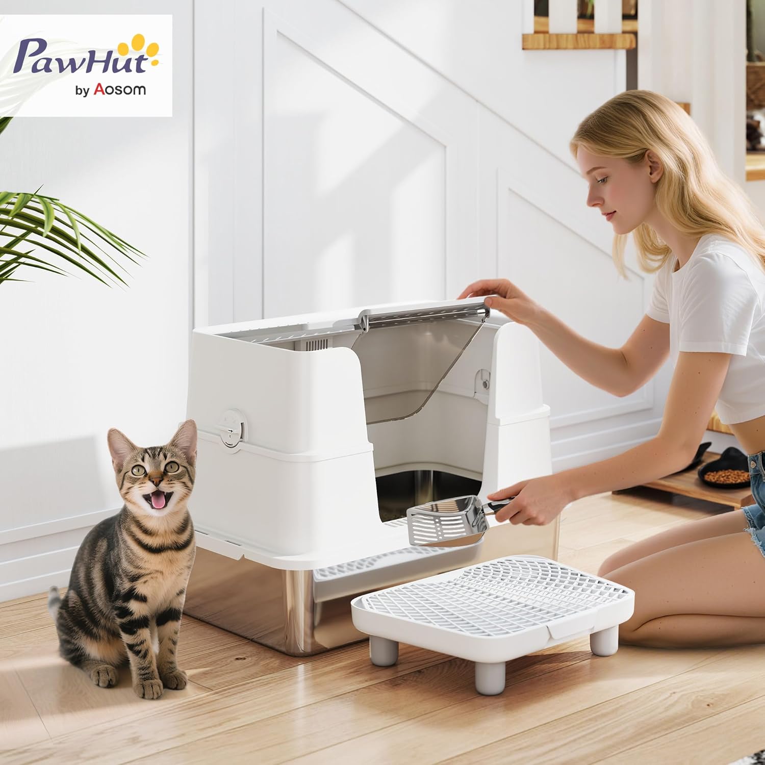 XL Stainless Steel Litter Box with Lid, Extra Large Top & Side Entry Enclosed Litter Box for Big Cats with 100° Flip Top, Scoop, Step, Odor Free, Easy Cleaning, Non-Sticky, Anti Leakage