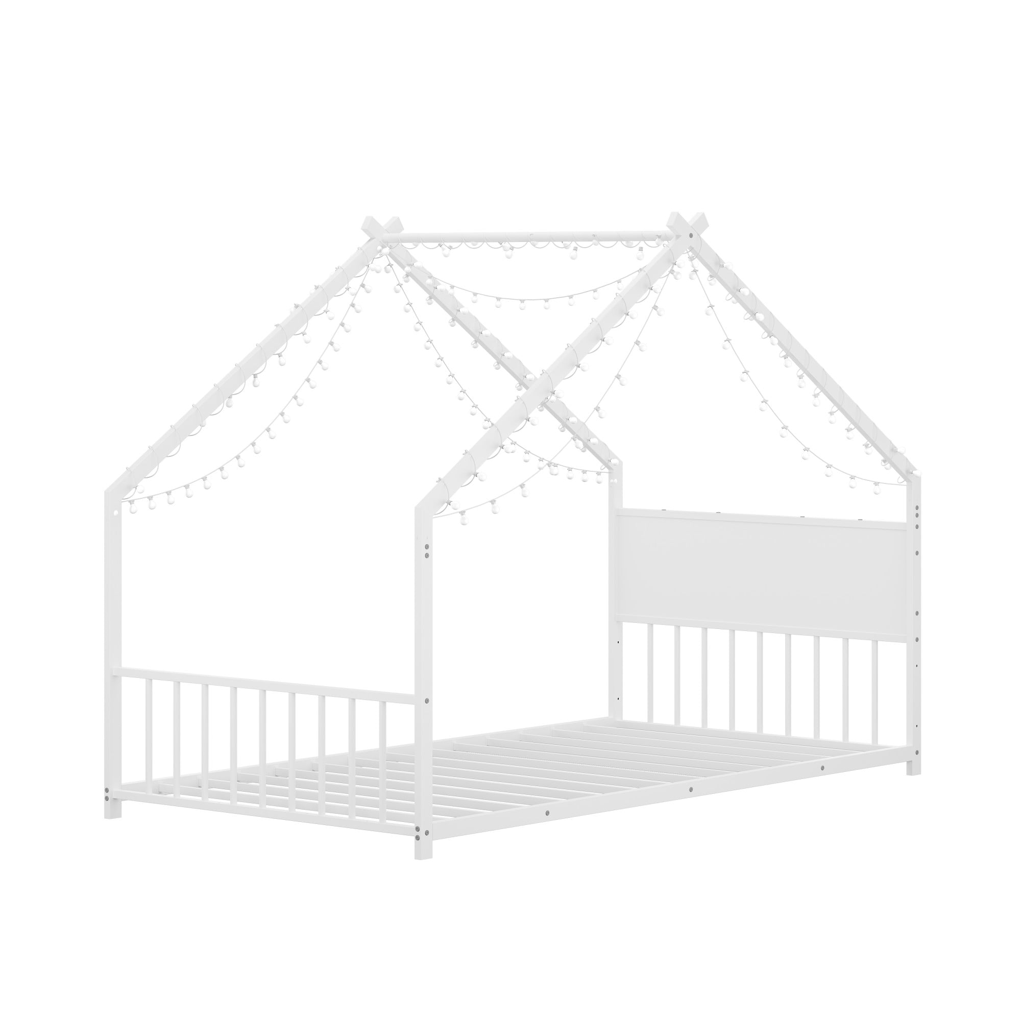 Aukfa Twin Size Metal House Bed with LED Lights, Montessori Floor Bed for Kids & Toddlers, Sturdy Frame, Easy Assembly, White