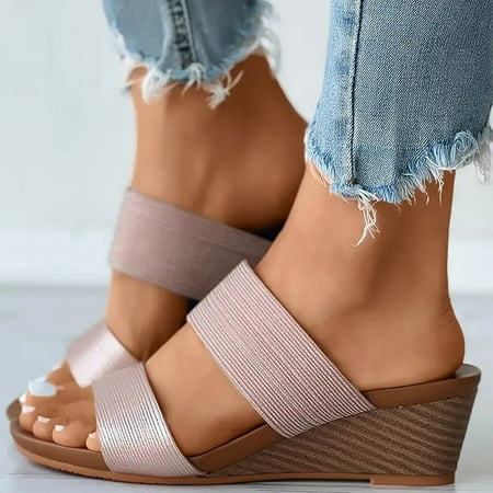 

NEGJ Womens Wedges Sandals Casual Bohemian Sandals Beach Shoes Double Strap Contrast Paneled Wedge Shoes Slippers