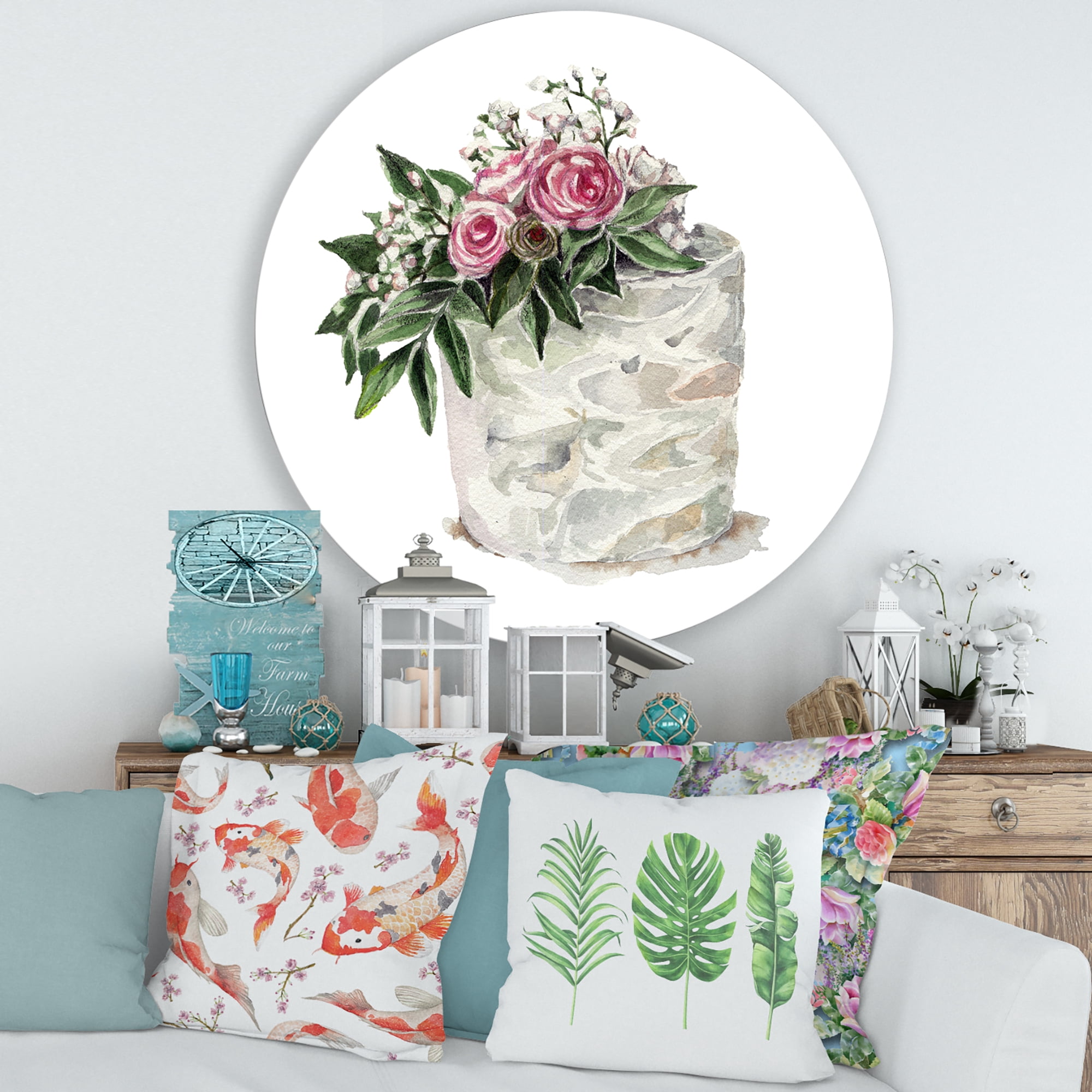 Designart 'White Flowers and Pink Roses On Cake' Traditional Circle Metal Wall Art 36x36 - Disc of 36
