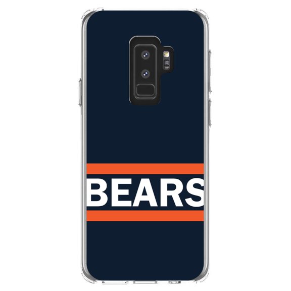 DistinctInk Clear Shockproof Hybrid Case for Samsung Galaxy S9  PLUS (6.2" Screen) - TPU Bumper, Acrylic Back, Tempered Glass Screen Protector - Orange Navy Bears - Football Team