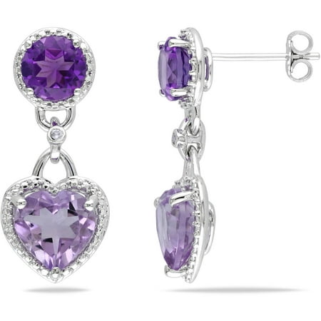 Tangelo 7-3/8 Carat T.G.W. Rose de France and Amethyst with Diamond-Accent Sterling Silver Dangle Heart Earrings
