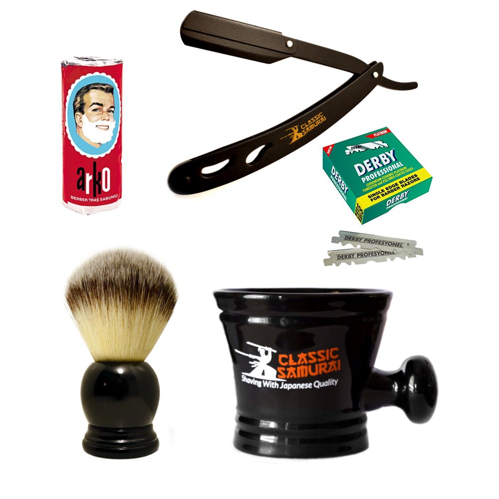 Classic Samurai Men's Shaving Set with Black Straight Razor Shavette