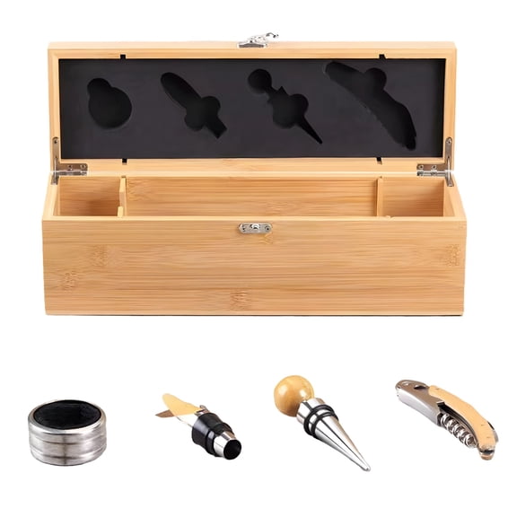 Wine Gift Box Set with Opener Accessories, Single Wooden Wine Box, Light Brown, 14.2 x 4.3 x 4.7 in / 36 x 11 x 12 cm, Solid Wood Wine Presentation Box for Standard Bottles