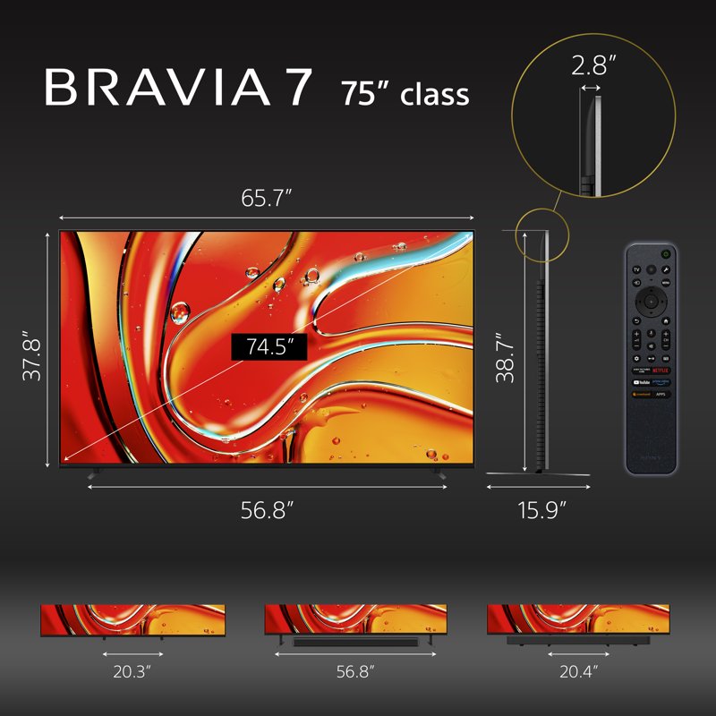 Sony 75" class BRAVIA 7 Mini LED QLED 4K HDR Smart Google TV K75XR70, 2024 Model color options