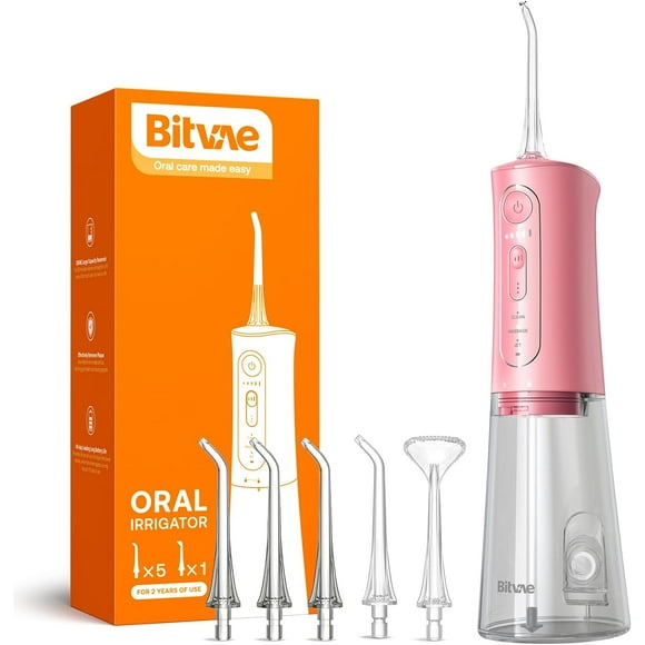 Bitvae Cordless Water Flosser: Powerful Rechargeable Oral Irrigator for Teeth and Braces, IPX7 Waterproof Teeth Cleaner - Quartz Pink