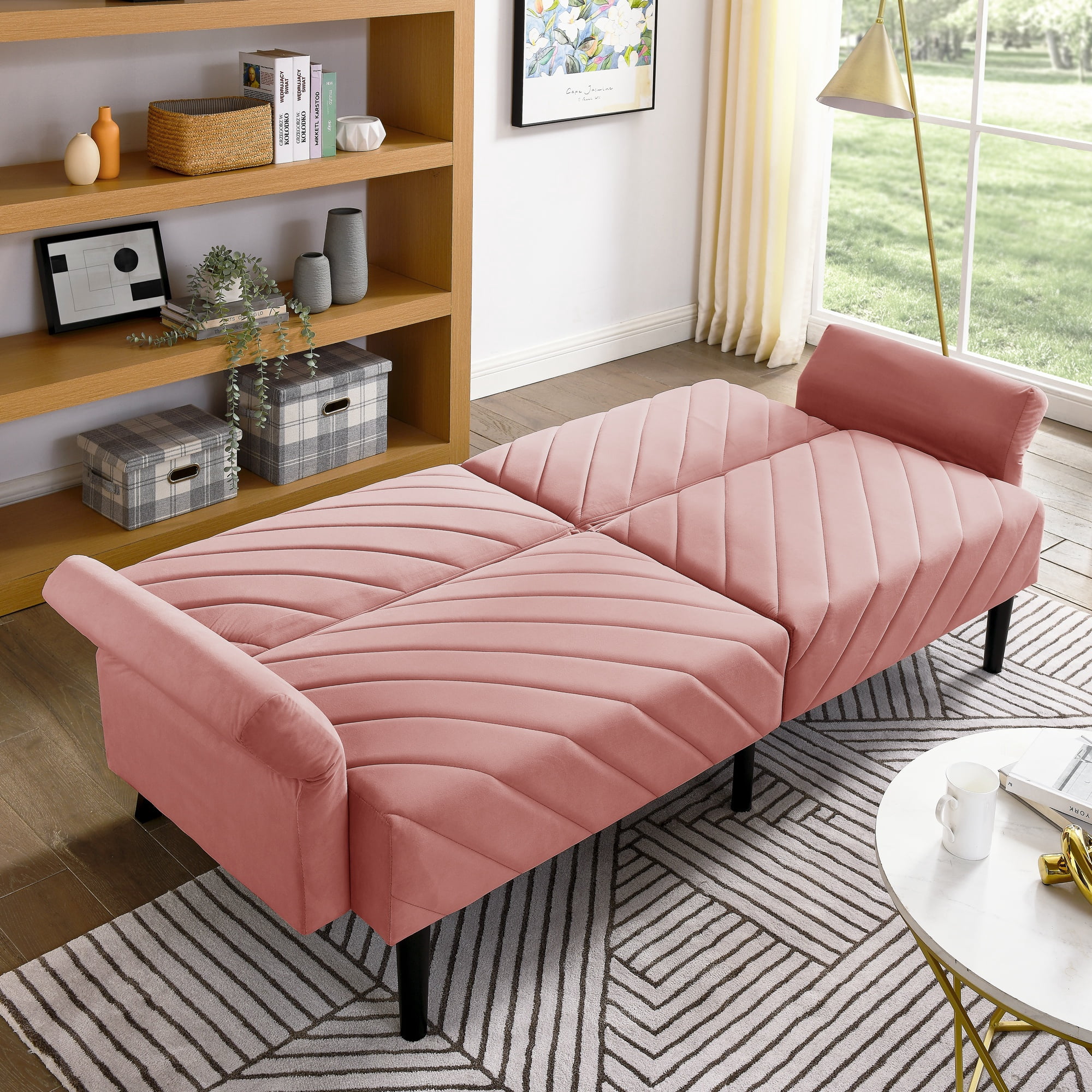 PORKISS 87" Sofa Couch for Living Room, Comfy Velvet Extra Deep Seat Couches with Adjustable Armrests and Backrest, Futon Couch Convertible Folding Sofa Bed, Pink