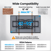 MountFTV Full Motion TV Wall Mount for 42-92 inch TVs with Tool Free Tilt, Holds up to 132 lbs, Max 600x400mm, TV Mount with Swivel Extension Rotation, Fits 16 Wood Studs