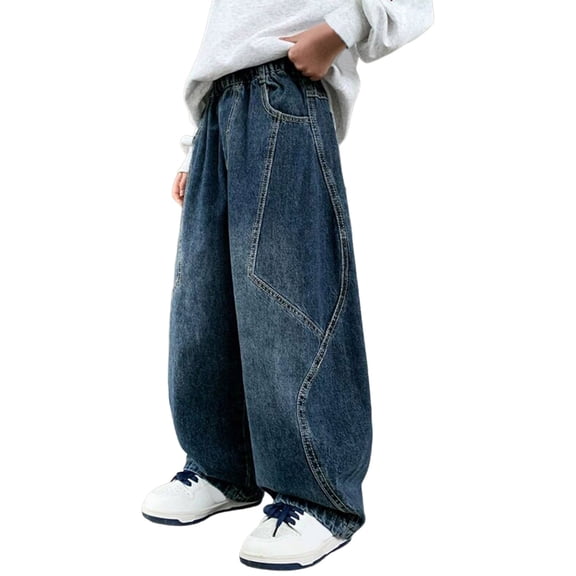 CONZONE Boys Baggy Jeans Wide Leg Casual Jeans for Child Y2K Elastic Waist Fall Streetwear Denim Pants with Pockets