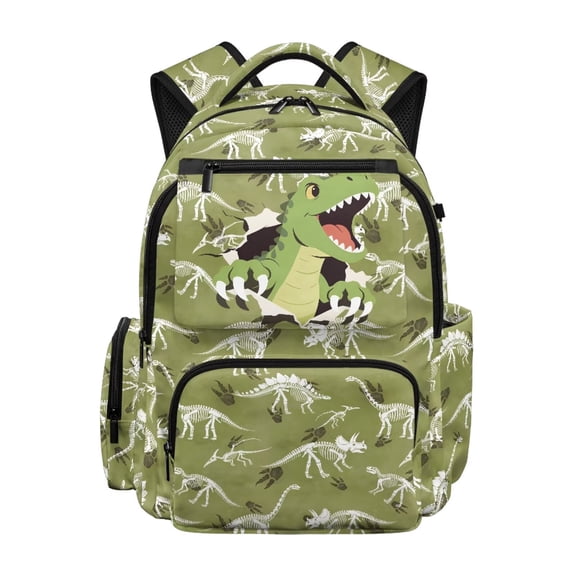 HUIACONG Green Dinosaur Fossil Print School Backpack for Kids Age 5-16, Multi-Pocket Water Resistant Sturdy Bookbag with Adjustable Padded Straps Lightweight Daypack for School Camping Trips