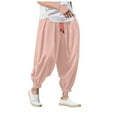thumbnail image 6 of Mens Hippie Harem Pants Baggy Linen Stretchy Waist Drop Crotch Lightweight Pants Loose Spring Summer Pink XL, 6 of 6