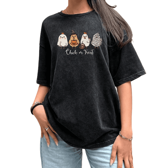 UNISHE Women's Chick or Treat Halloween Print Graphic Tee Festive Playful Crewneck Holiday Casual Short Sleeve Top