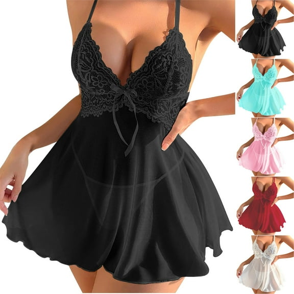 Puntoco Women Lingerie Babydoll Dress Lace Chemise Sleepwear Mesh Nightgown White XL(XL)