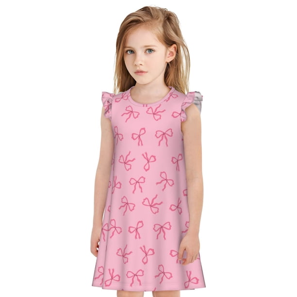 Fotbe Pink Bows Vestido de Dormir para Niñas de 3 a 10 Años, Mangas Cortas, Estilo Princesa, Pijama Camisón con Mangas Voladas-Large