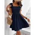 thumbnail image 5 of Navy Blue Womens Solid Boat Neck Ruffled Cap Sleeve Smocked Waist A-Line Short Dress, 5 of 6
