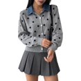 thumbnail image 3 of Women's Denim Collar Polka Dot Cropped Button Knit Sweater Jacket Cardigan Gray XL, 3 of 9