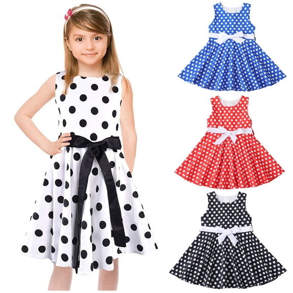 Trendfront Girls Polka Dot Dress for Girls 2-12 Years Crewneck Sleeveless Retro Vintage Pattern Printed Princess Birthday Party Gown
