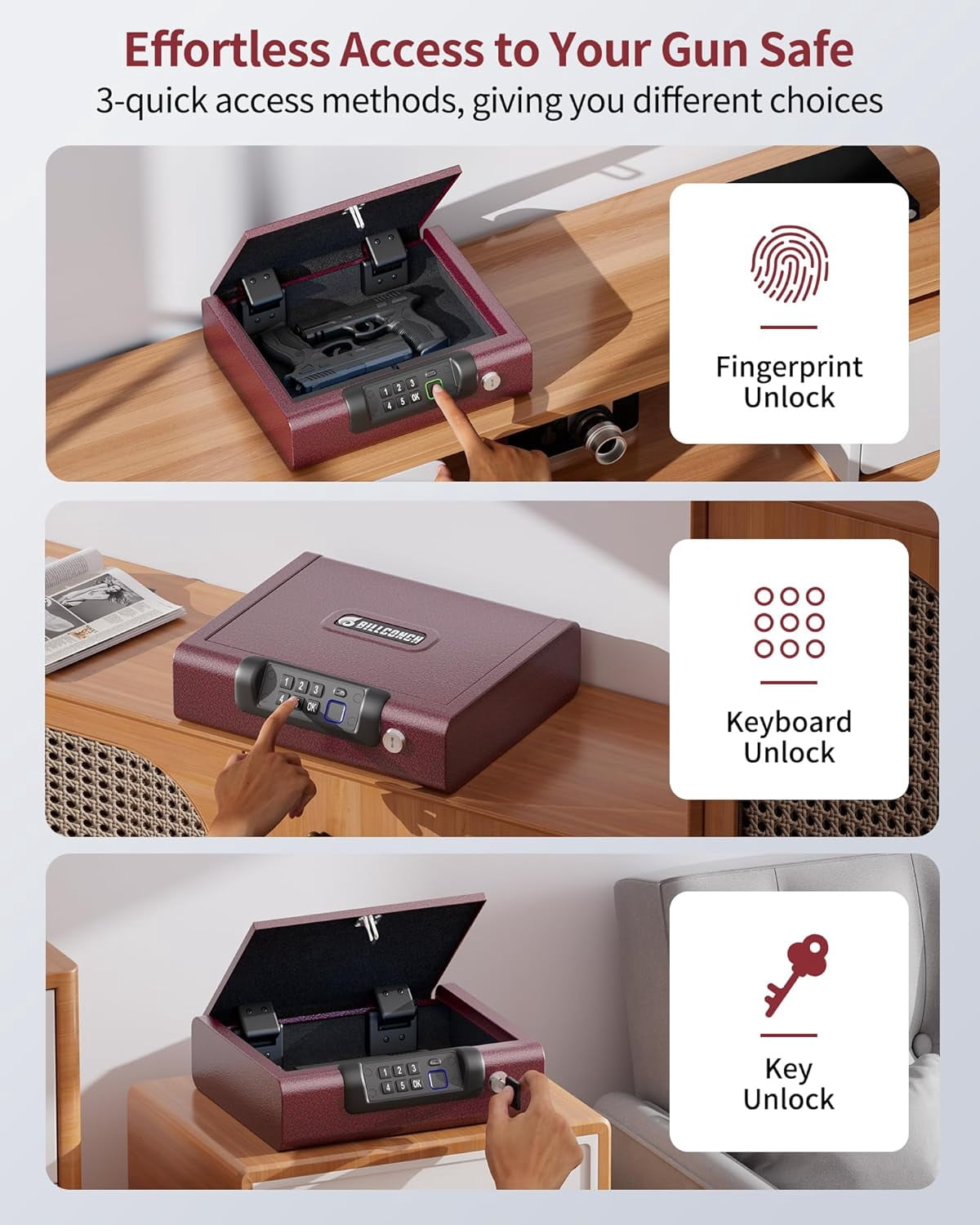Gun Safe,Biometric Gun Safe for Pistols 3-Ways unlock Fingerprint Digital PIN Key Unlock with Voice,Lock box for Cloakroom living room Bedroom Nightstand and Car Burgundy Red