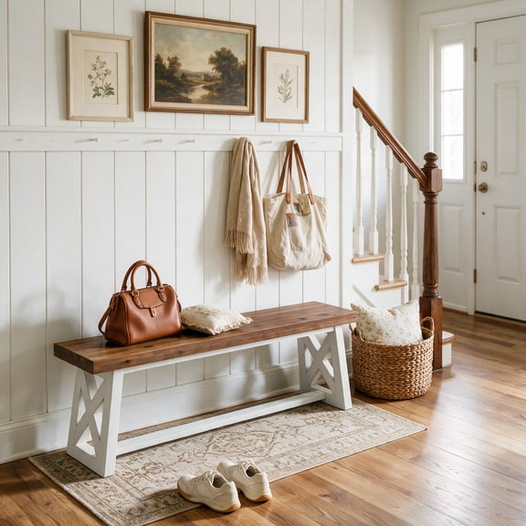 Tribesigns 55.12" Farmhouse Entryway Bench with Solid Wood Seat & White X-Frame, Rustic Shoe Bench for Foyer Hallway Mudroom