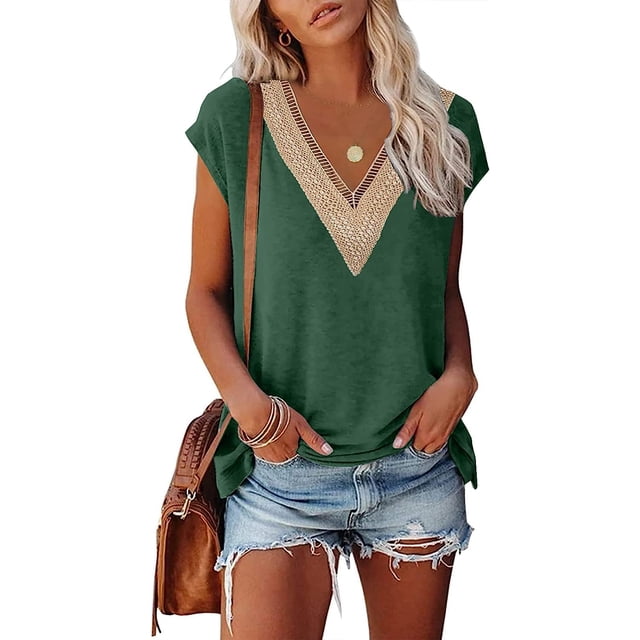 Tops de verano con manga casquillo para mujer, camisetas sin mangas a la moda con encaje y cuello en V, camisas holgadas S-XXLVerdeMedio esquí esquí Gafas de esquí