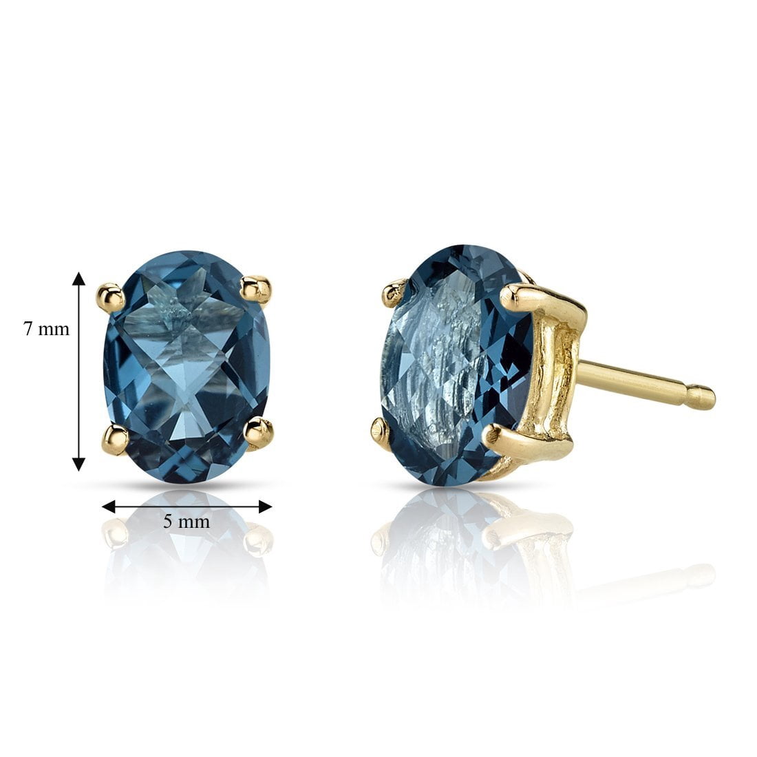 Peora London Blue Topaz Earrings for Women in 14 Karat Yellow Gold, Classic Solitaire Studs, 7x5mm Oval Shape, 2 Carats total, Friction Back