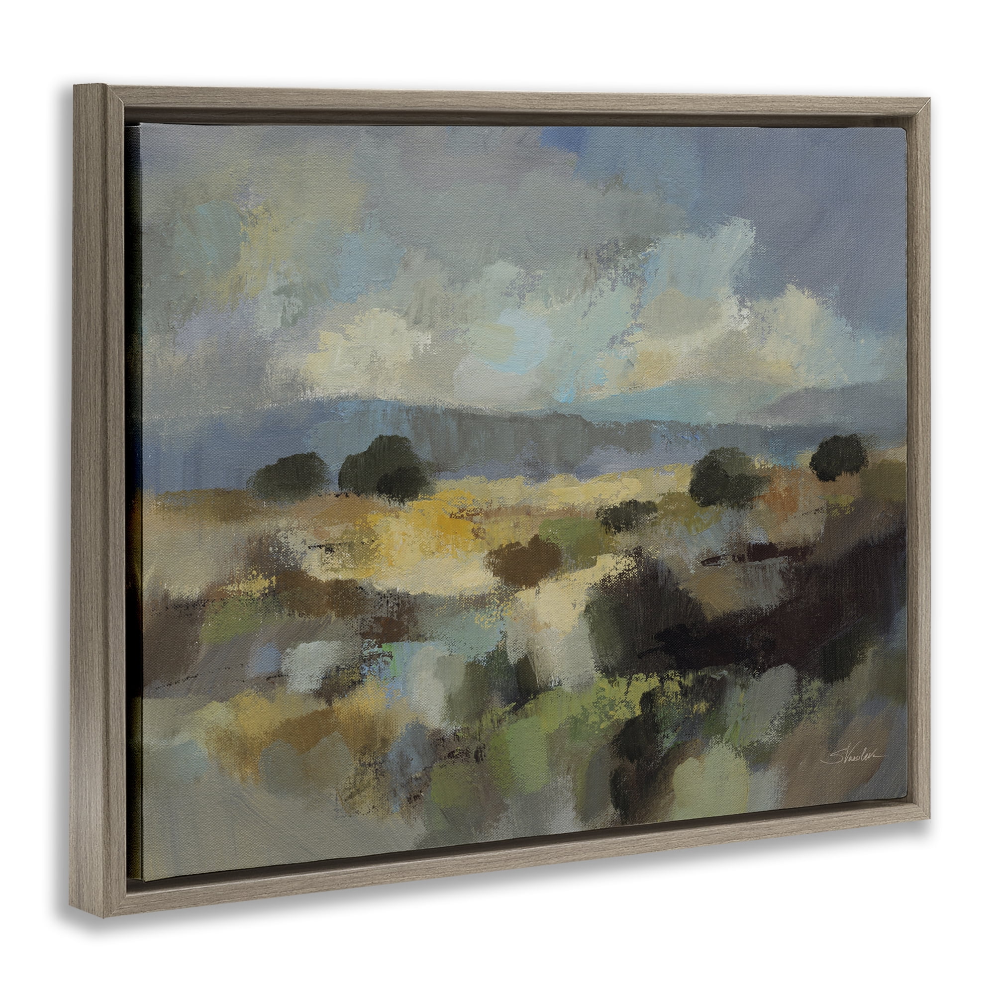 Stupell Industries Muted Blue Landscape with Clouds Brown Framed Floater Canvas Wall Art, design by Silvia Vassileva