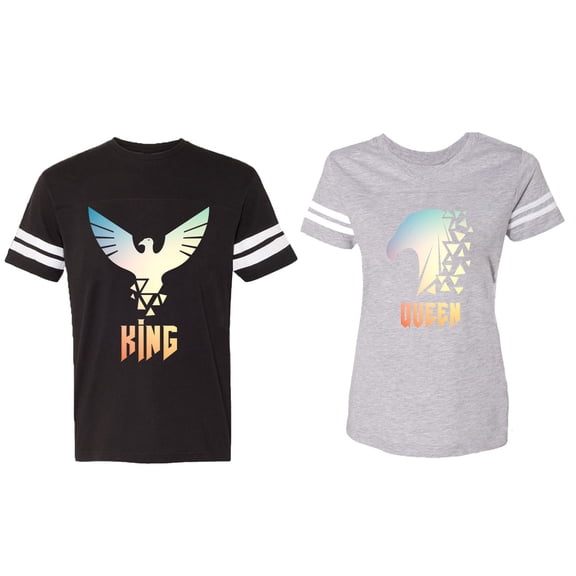 King Queen Eagle Sunny Matching Couple Cotton Jerseys (Men Black / Women Heather) (Men XL / Women L)