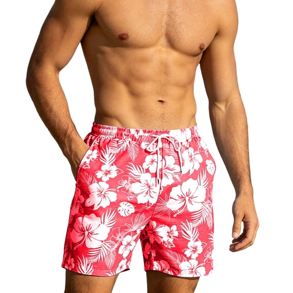 OOOUM Men Floral Print Swim Trunks Elastic Drawstring Side Pockets Loose Board Shorts Quick Dry Summer Vacation Casual Shorts Hot Pink S