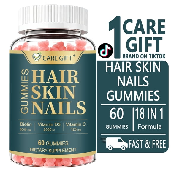 CARE GIFT Hair Growth Gummies with 6000mcg Biotin, Vitamin D3 & C – 18-in-1 Vitamins for Thicker Fuller Hair, Women & Men, 60 Ct