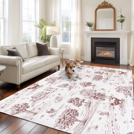 5x8 Washable Area Rug Country Style Non-Slip Large Rectangle Rug for Living Room Dining Room Vintage Cottages Animals Tree Retro Illustration Brown Indoor Floor Mat for Home Decor