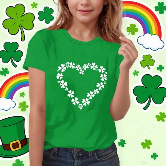 ATOGUTA Short Sleeve Uniform Shirts for Girls Kids Summer Tops Soft Casual Crewneck St. Patrick's Day Basic Tees Green, Size 3T-15