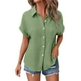 thumbnail image 6 of Pxiakgy Women Linen Button Down Shirt Rolled Cuffed Short Sleeve Blouse Ladies Summer Casual V Neck Beach Double Layer Wrinkled Fabric Tops Batwing Sleeve Pocket Patched Shirt Camouflage M, 6 of 7