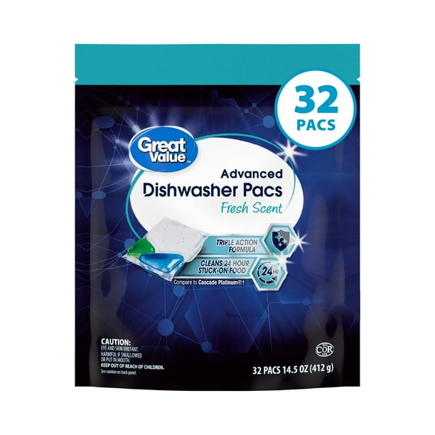 Great Value Advanced Automatic Dishwasher Pacs, Fresh Scent, 32 Count