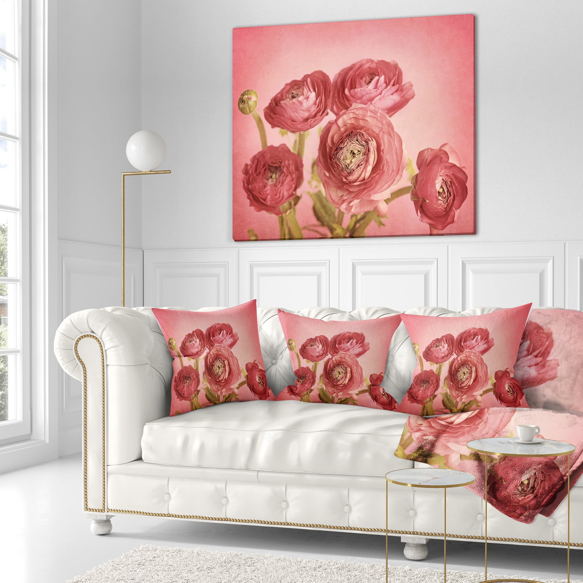 Designart Bunch of Ranunculus Flowers on Pink - Floral Throw Pillow - 18x18