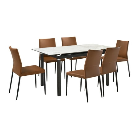 Knox Genesis 7 Piece Dining Set with Stone Top and Beige Faux Leather Chairs