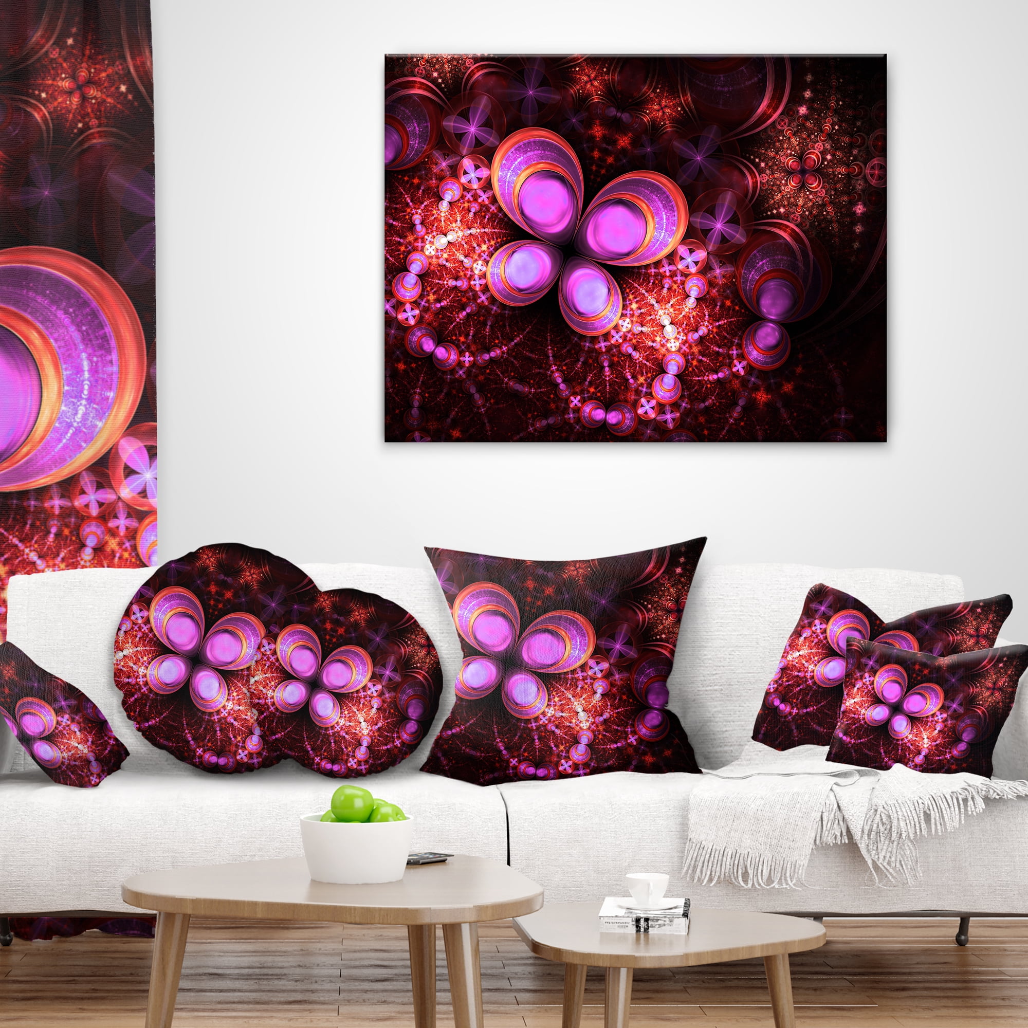 Designart Glowing Purple Pink Fractal Flower - Floral Throw Pillow - 18x18