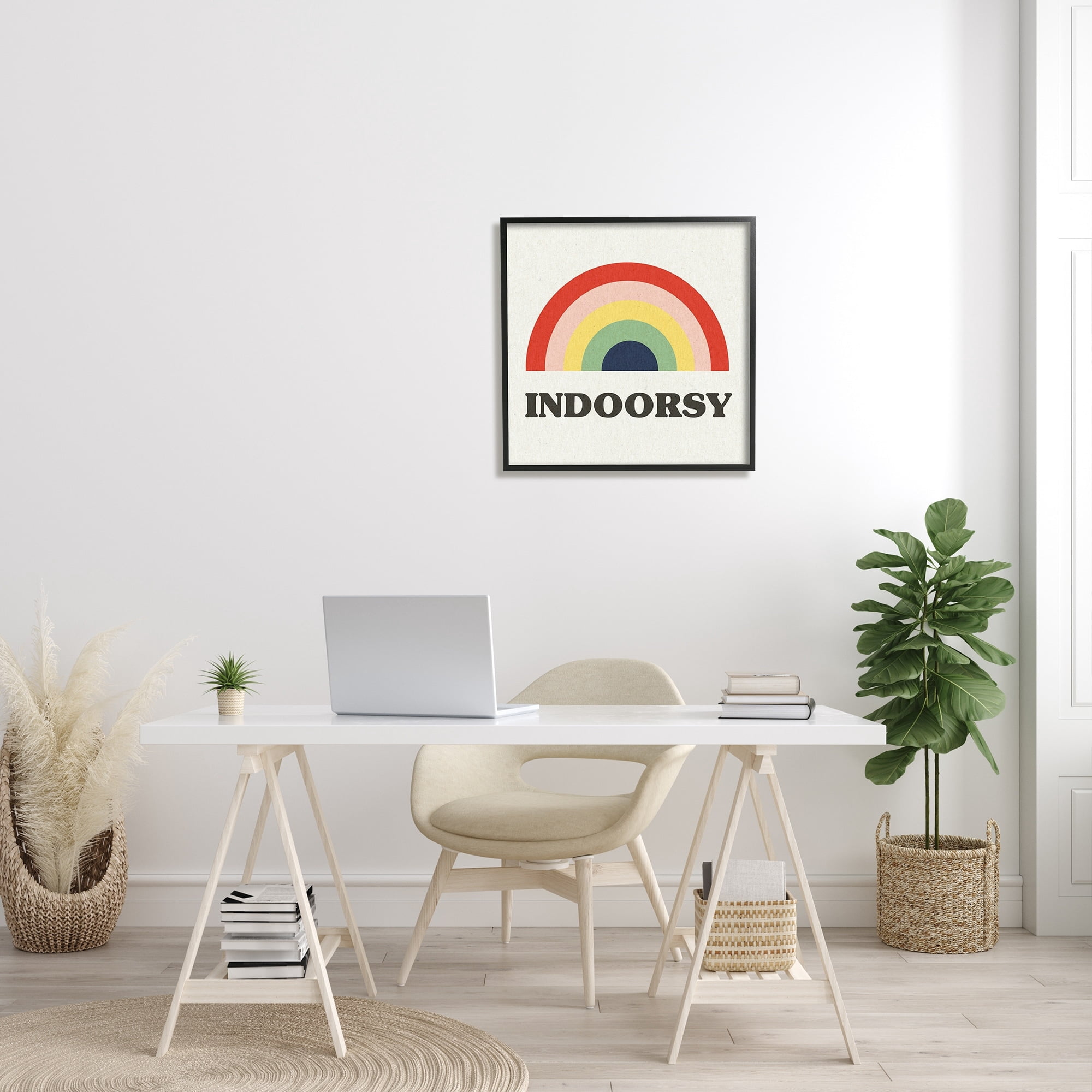Stupell Industries Indoorsy Text Retro Pop Rainbow over Neutral Art for Kids Painting Black Framed Art Print Wall Art, 24 x 24