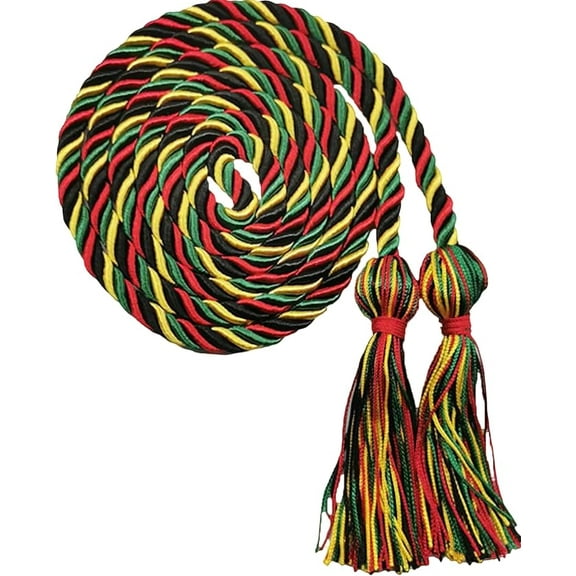Kente Graduation Honor Cords - 68” Length - Black, Red, Kelly, Gold Color Combo - Secure Knotted Tassel Ends - One Size Fits All