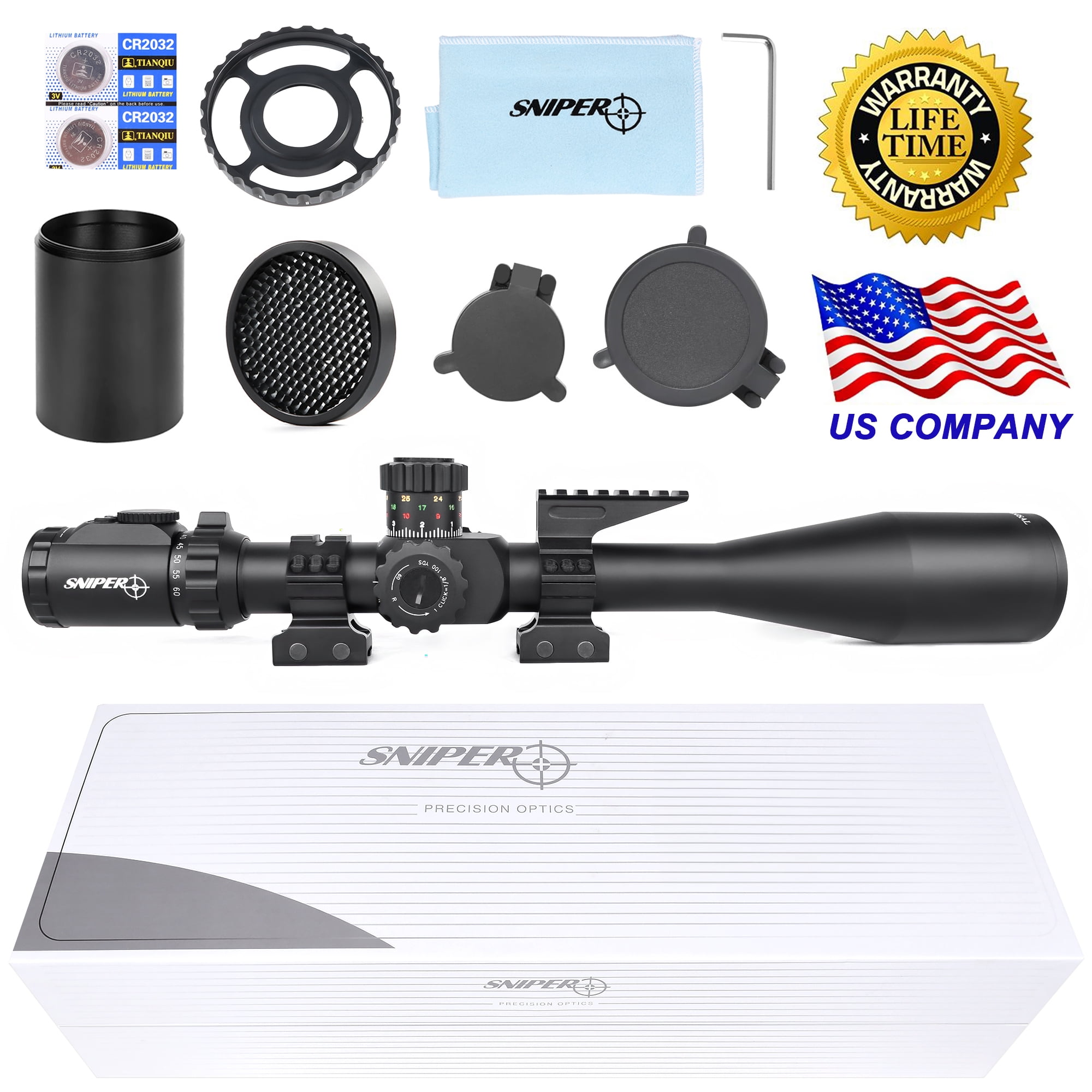 KT 12-60X60 SAL Rifle Scope 35mm Tube Side Parallax Adjustment Glass Etched Reticle Red Green Illuminated with Scope Rings
