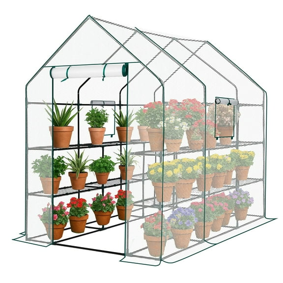 Zimtown 56" Walk-in Greenhouse with Shelves, PE Cover, Roll-Up Door, for Plants Indoor Outdoor, White