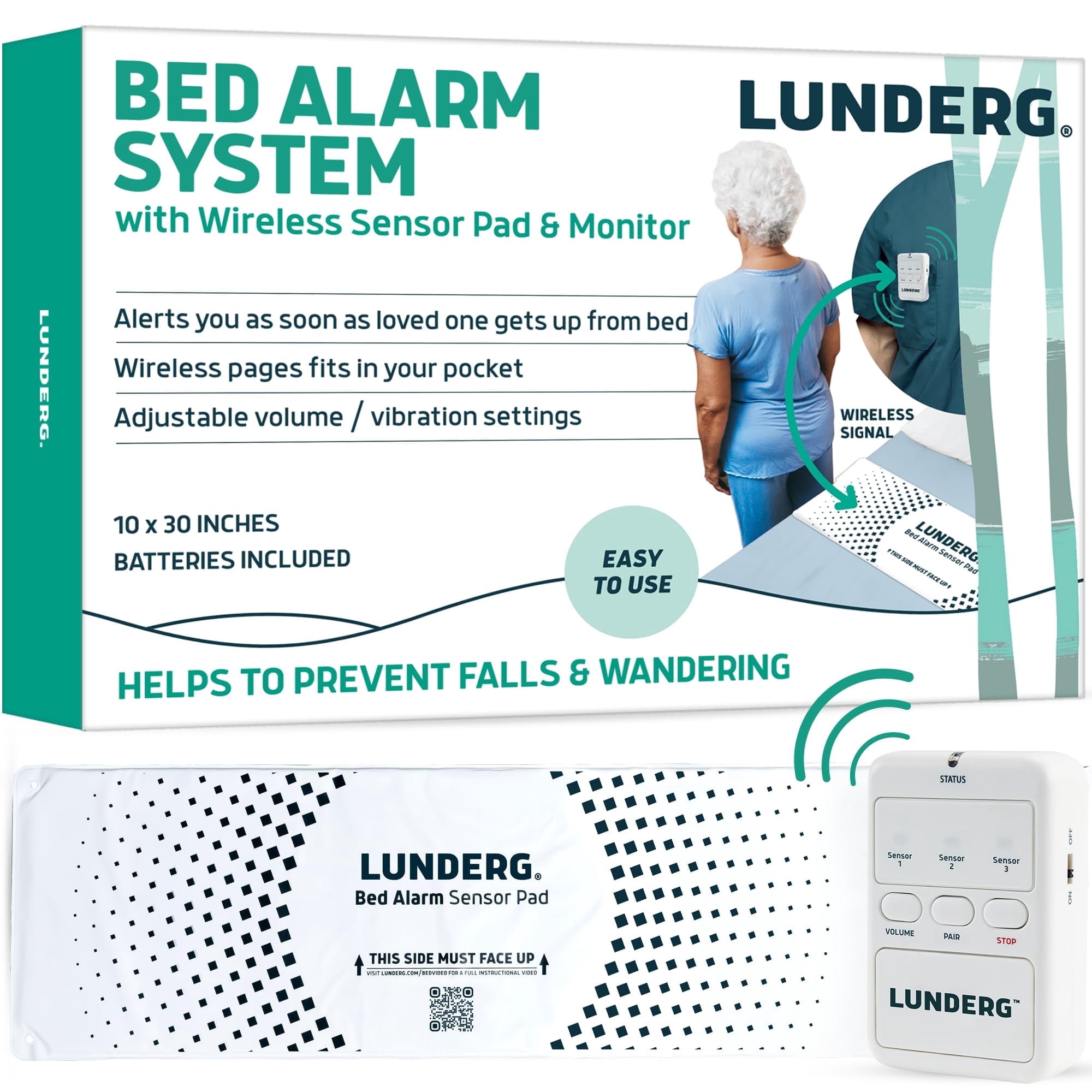 Lunderg Wireless Bed Alarm System for Elderly - Alerts Caregivers When They Get Up, No in-Room Alarm to Frighten Your Loved One, Fall Prevention for Dementia Care & Elderly Safety, Trusted US Company