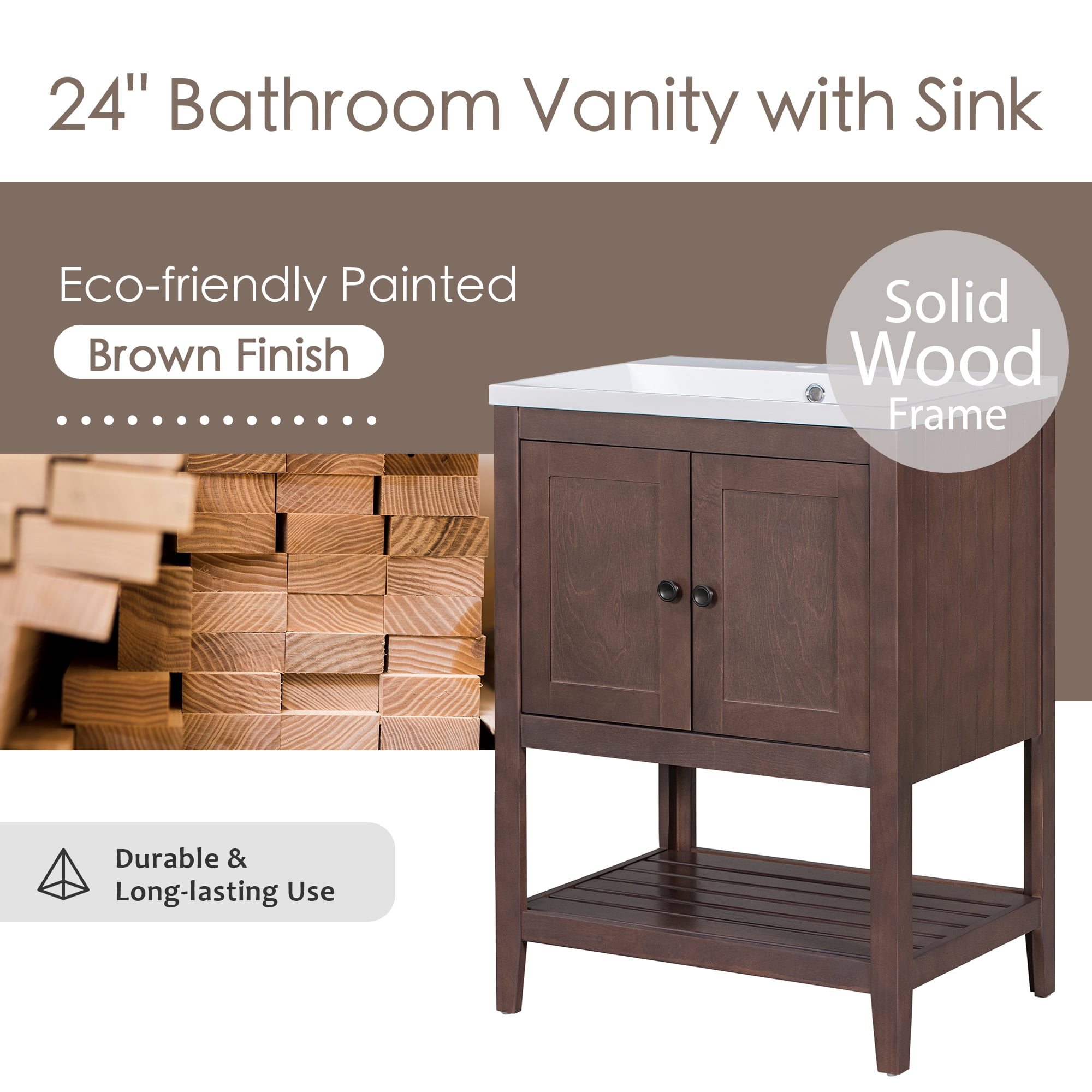 Euroco 24" Modern Sleek Bathroom Vanity with Elegant Ceramic Sink, Solid Wood Frame, and Open Style Shelf