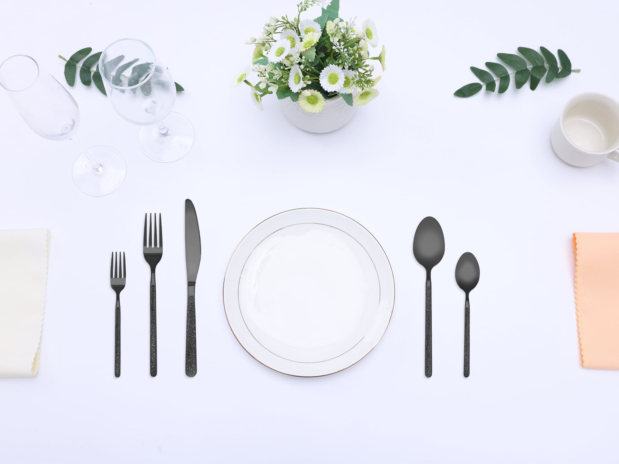 Unique Bargains 20 Piece Stainless Steel Flatware Set with Texture and Mirror Black